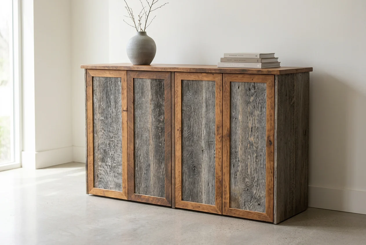 Gray oak cabinet — front elevation with handle-less push doors, white pine top and picture-frame trim