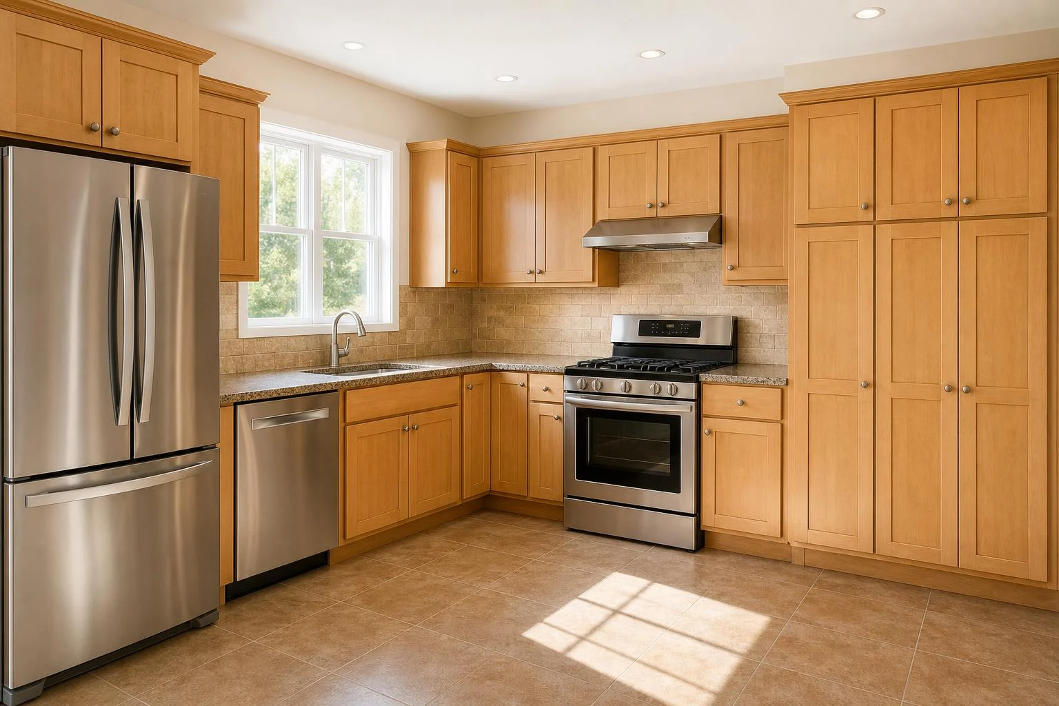 Maple shaker kitchen with granite counters and stone backsplash