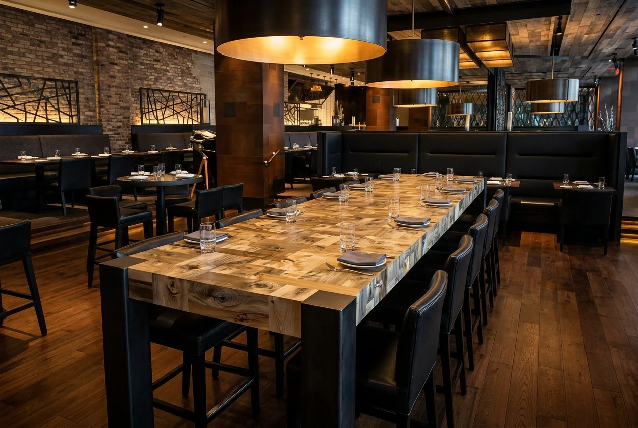 Reclaimed Queen's Wharf mosaic communal table — roughly 12 feet by 4 feet, thick block-edge top on a steel-frame base. e11even, Toronto
