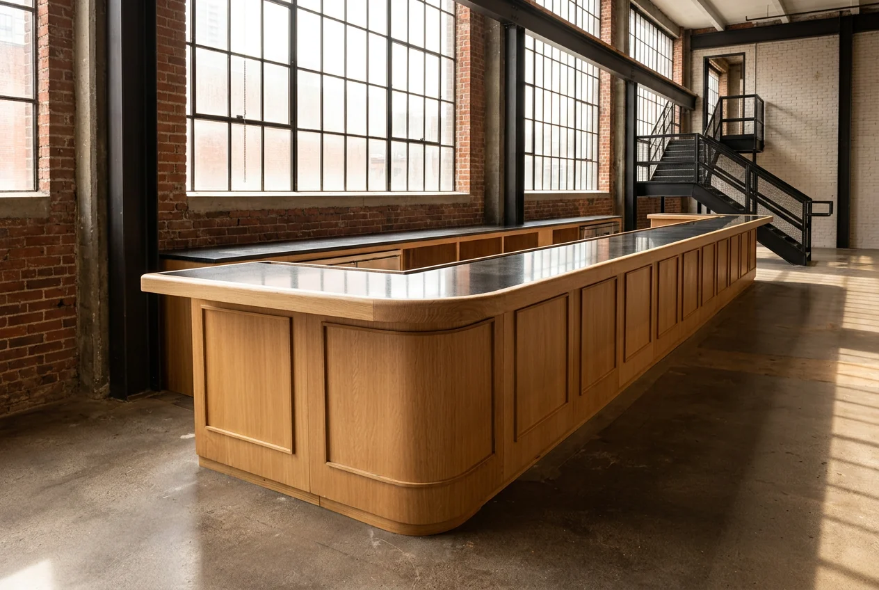 48-foot white oak veneer bar with raised-panel fronts, rounded radius corners, black granite top and solid white oak bullnose rail. East Room, 50 Carroll Street, Toronto