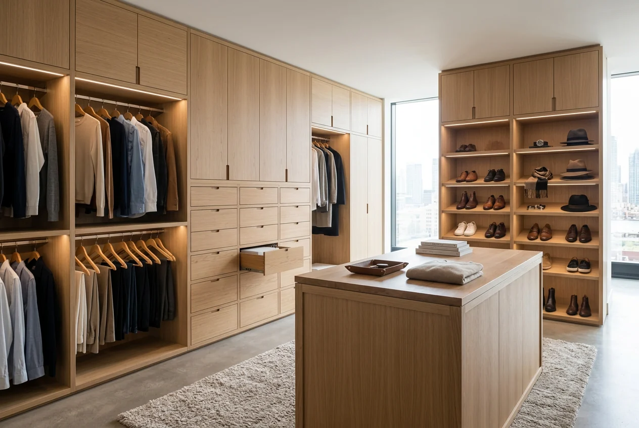 AI concept of a walk-in wardrobe with flush oak cabinetry, open hanging sections, and a central island