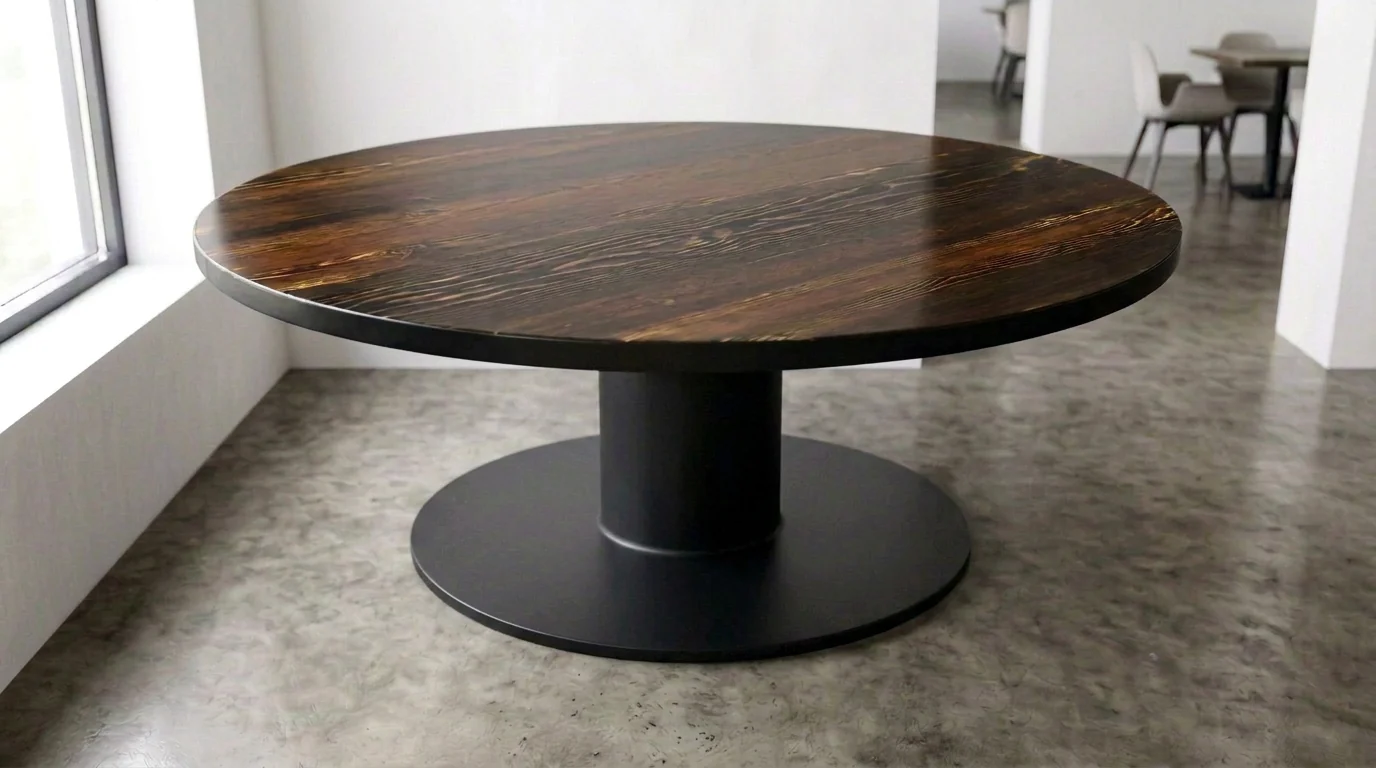 Round burnt pine dining table, up to 10 feet in diameter — full scorched grain visible edge to edge, wide stable pedestal base