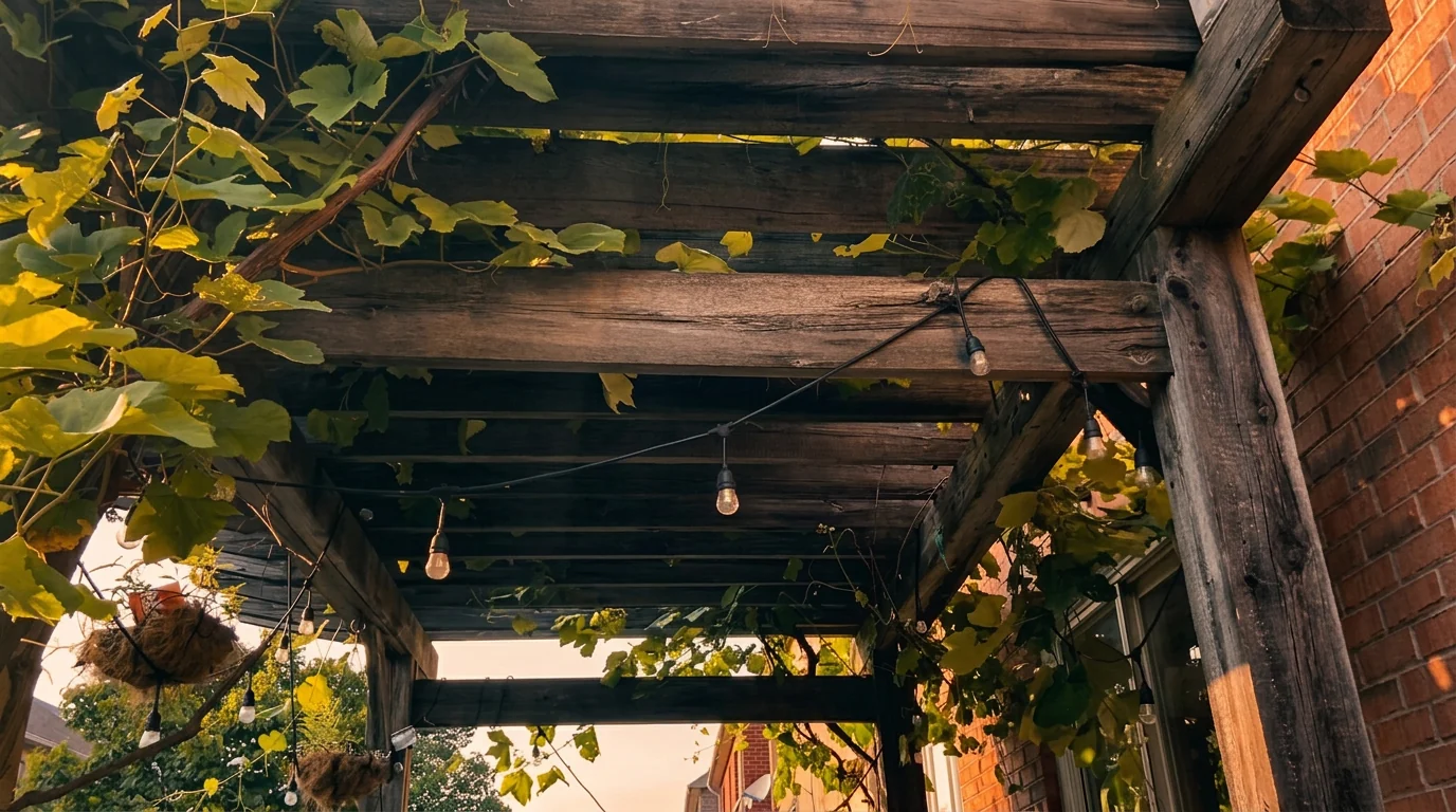 Heavy timber pergola over a backyard patio