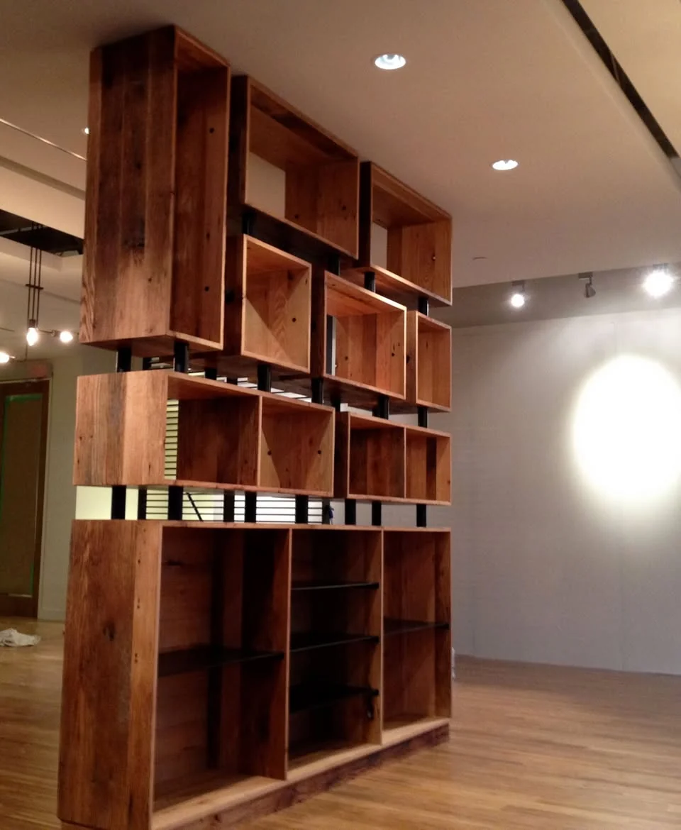 Reclaimed barn board room divider. Capital One, Toronto, Yonge Street