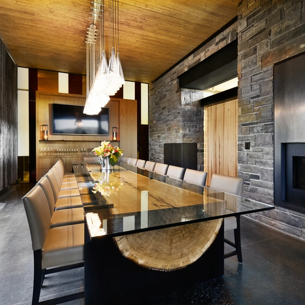 Five-thousand-pound white oak half-log table with glass top. Redstone Winery, Niagara