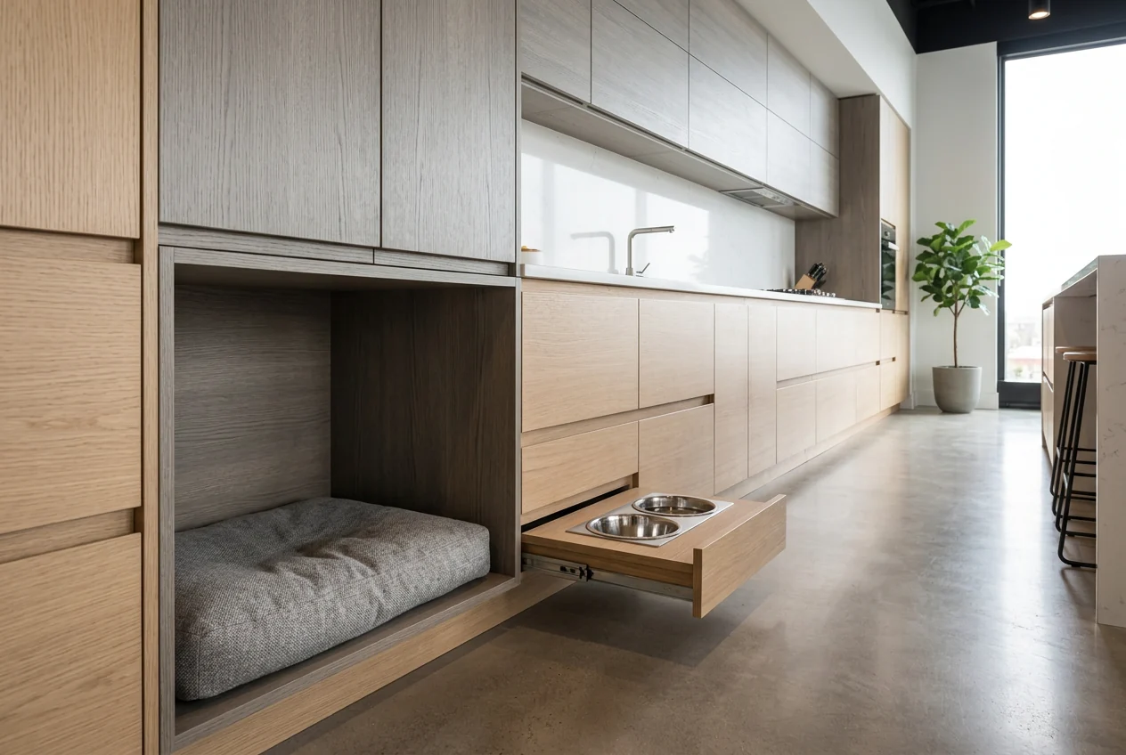 AI concept of a built-in dog feeding station and cozy pet nook integrated into flush cabinetry