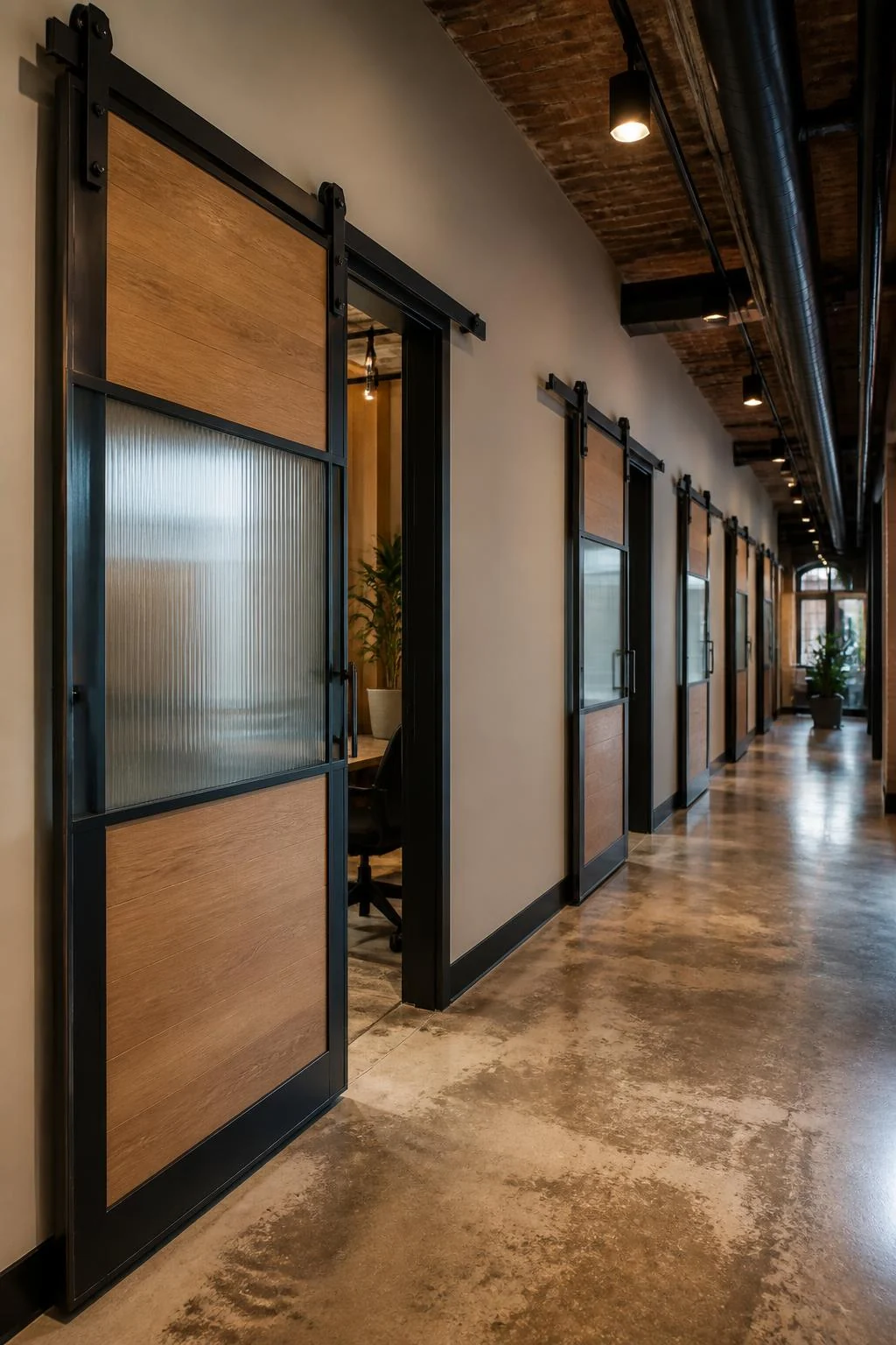 White oak sliding barn doors in a corridor hallway