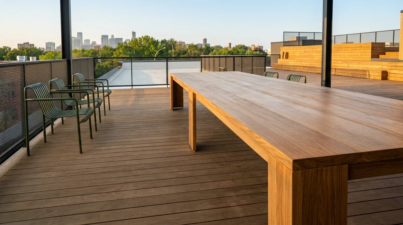5ft × 18ft solid white oak rooftop patio table on the terrace at golden hour, running the full length of the deck with the city skyline beyond — East Room, 507 King St E, Toronto