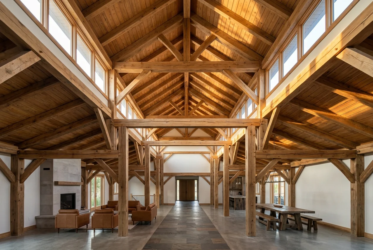 AI concept of a grand cathedral-style timber frame roof interior with heavy trusses and king posts