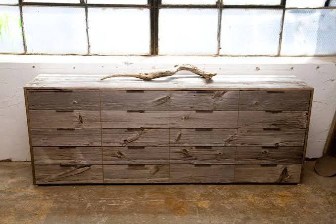 Long gray weathered pine barn board chest — full-length boards throughout, each drawer row cut from a single continuous board for matched grain