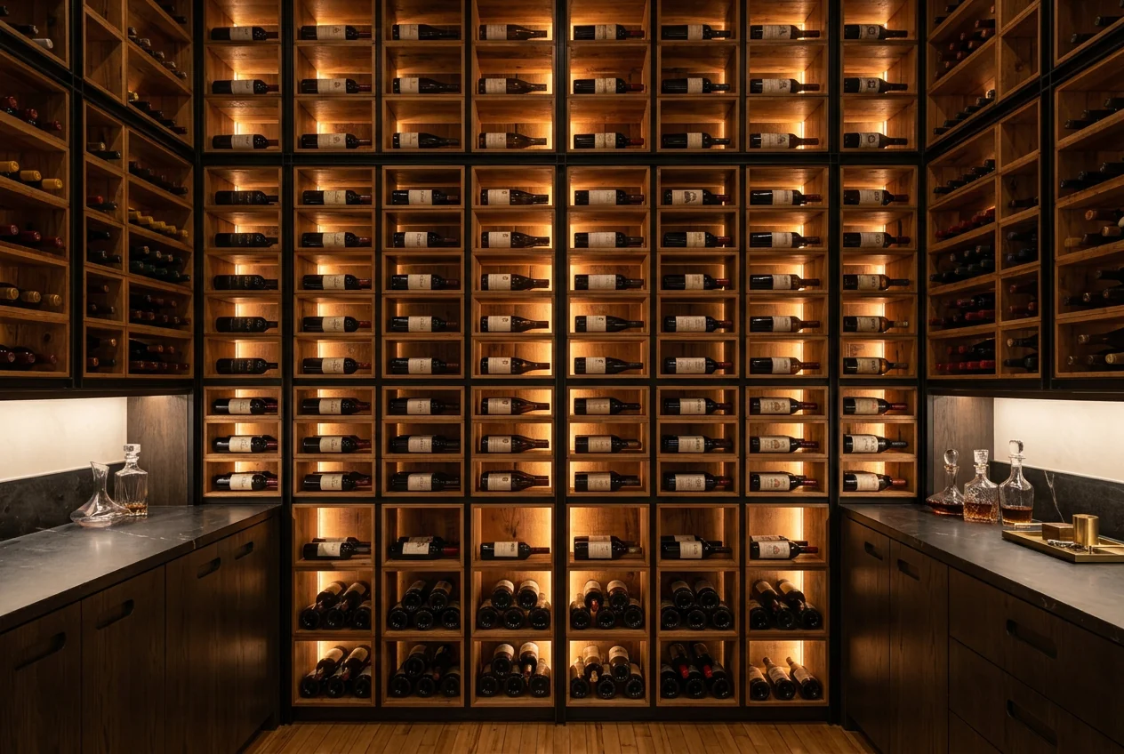 AI concept of a backlit wine wall with flush oak cabinetry and integrated glass display racks