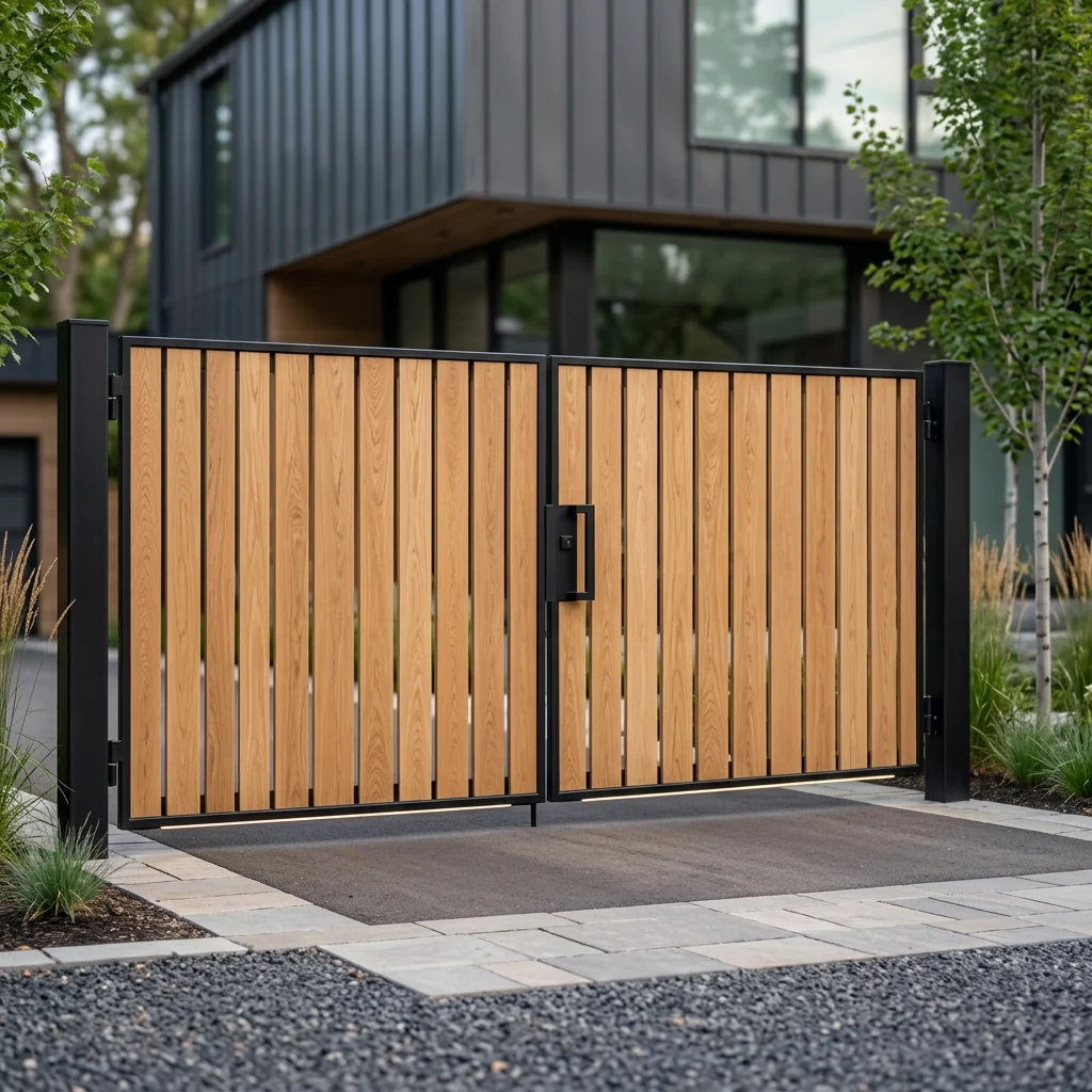 AI concept of a modern white oak driveway gate with vertical-grain slats and black steel hardware
