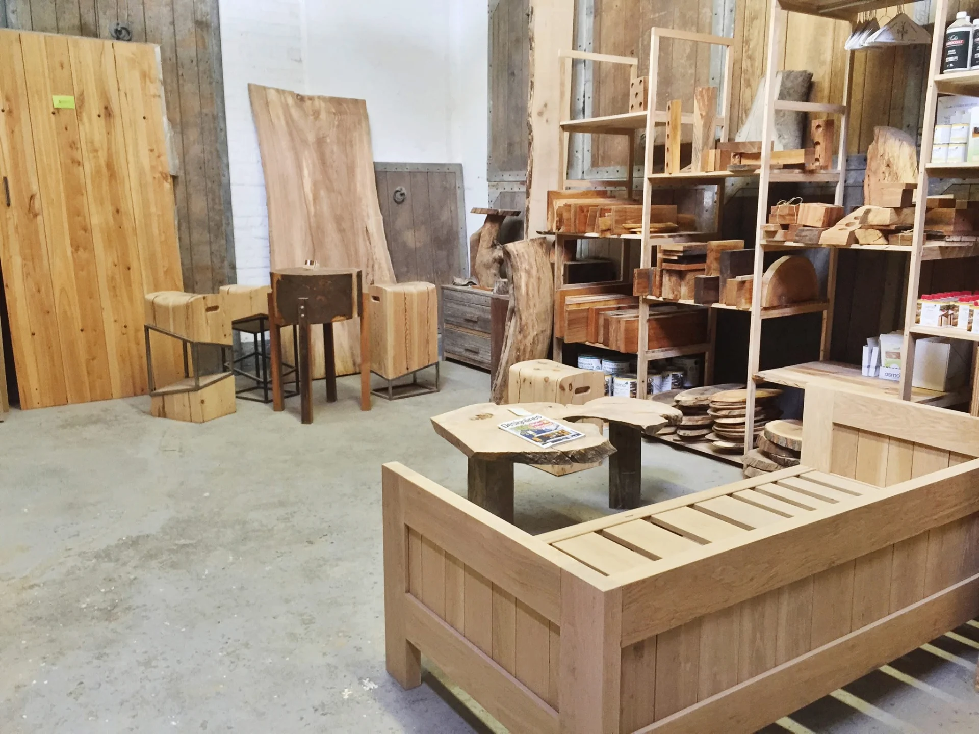 Oak patio furniture frames in the workshop before finishing