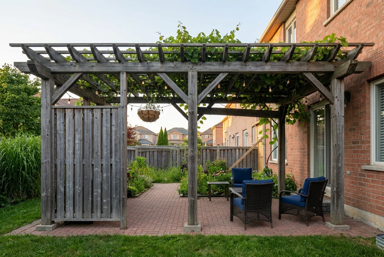 Heavy timber pergola full front elevation with posts, beams and diagonal braces