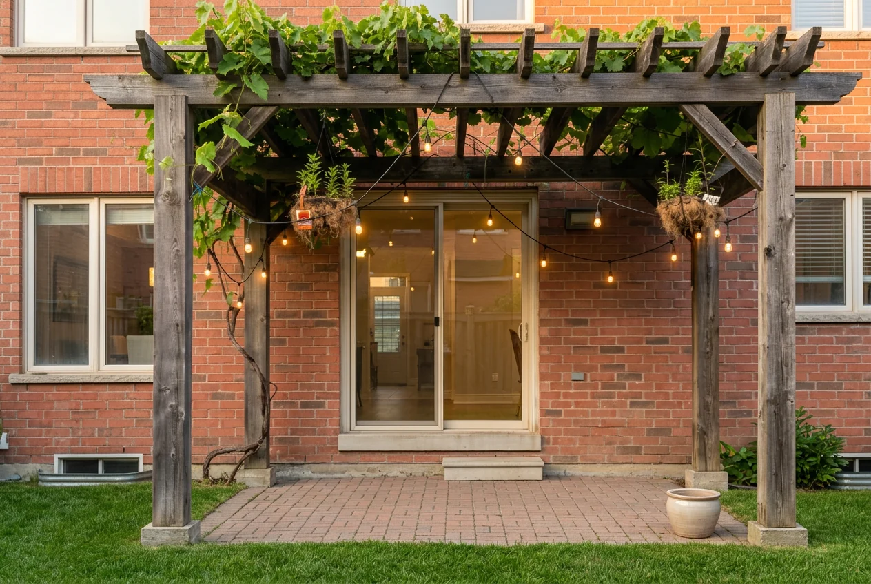 Front view of a timber pergola framed against a brick house with patio lights