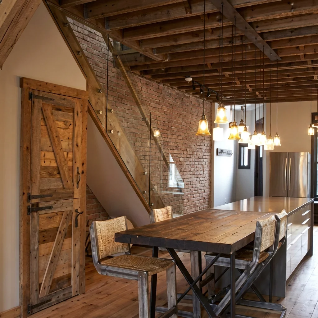 Barn board Dutch door — hinged, opens in two independent halves — paired with matching stairs and harvest table