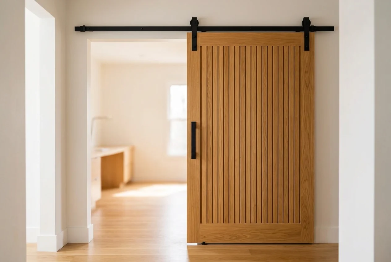 Concept of oversized pivot and sliding interior doors in white oak