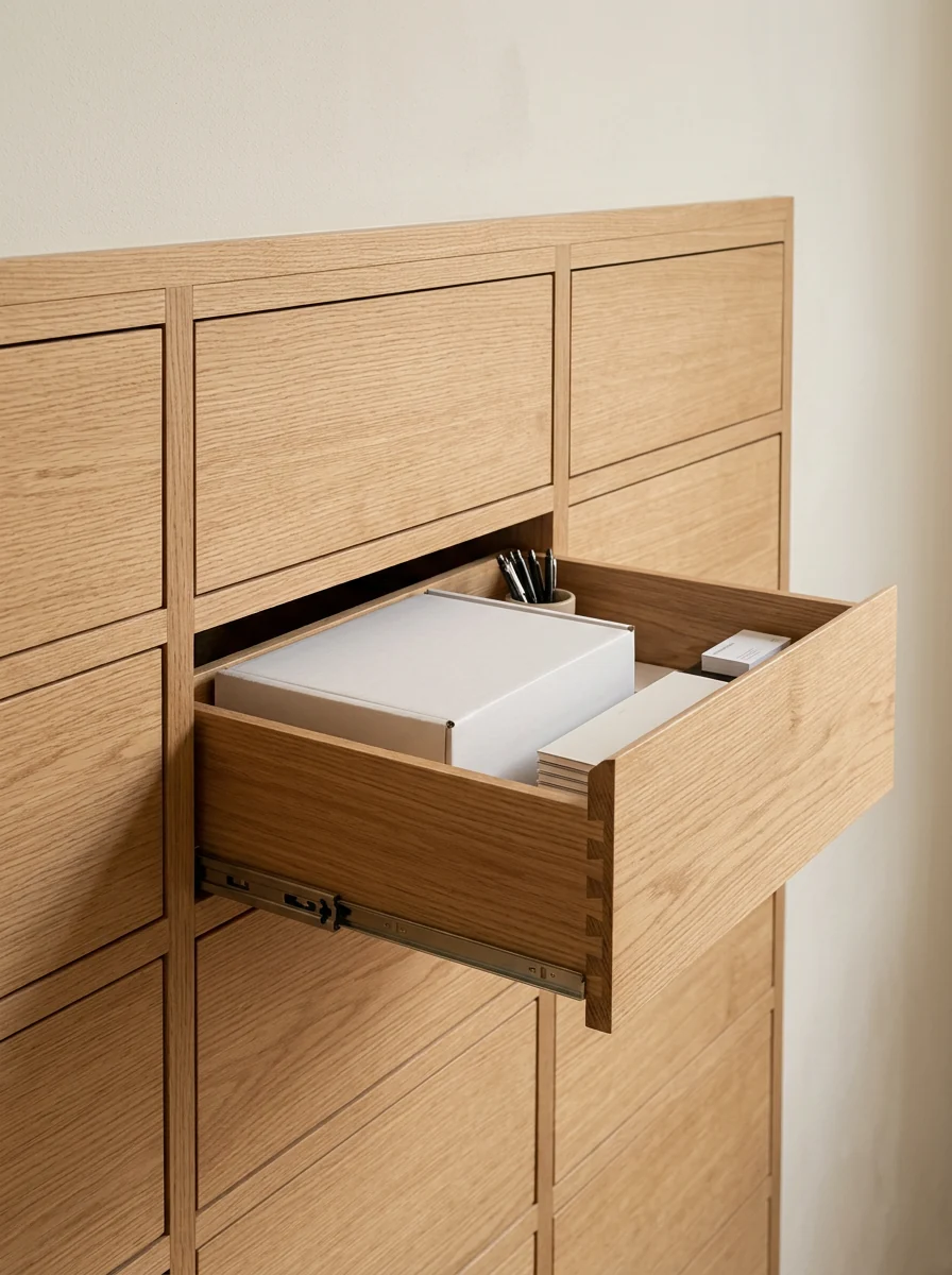 Concept of an oak drawer pulled open from a flush drawer bank, showing dovetailed drawer box
