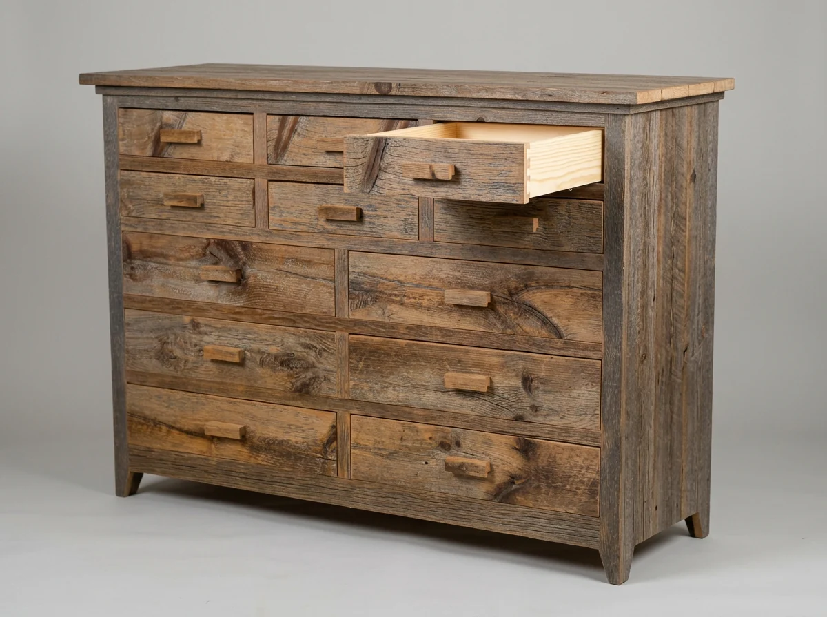 Barn board chest, drawer open, three-quarter view