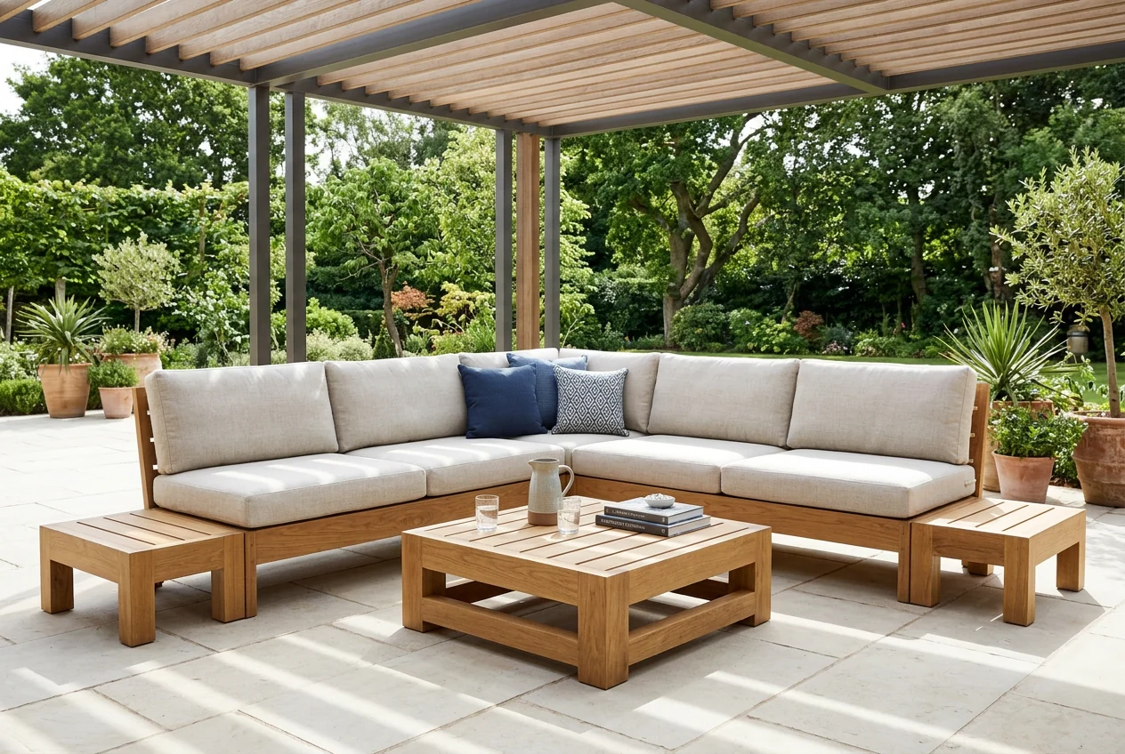 Concept of an outdoor oak lounge suite on a landscaped patio