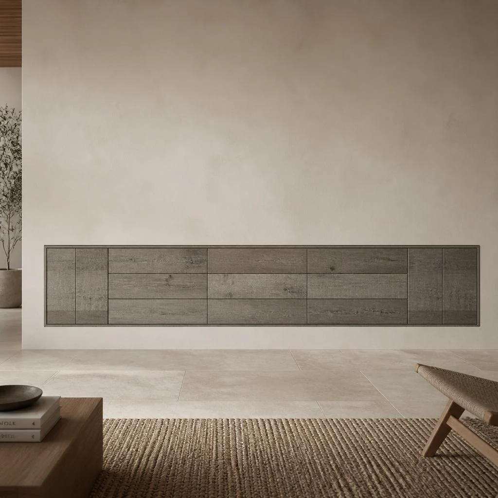 Concept of a flush in-wall storage bank clad in reclaimed gray barn board
