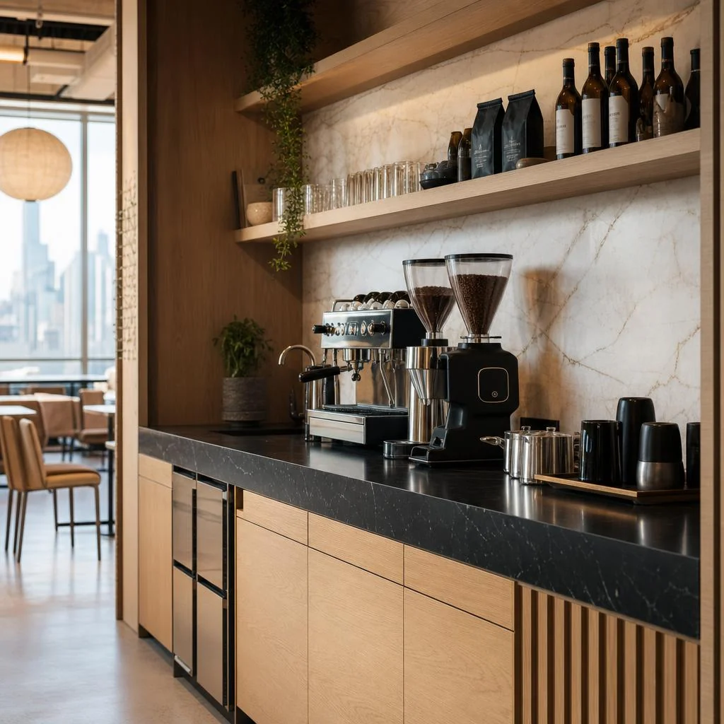 Concept of a hospitality espresso bar with white oak cabinetry, stone counter and floating shelves