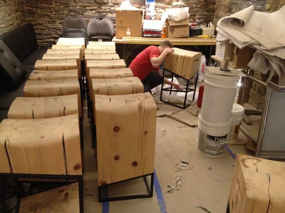 Reclaimed timber block bar stools in the workshop — Barsa Taberna, 2013
