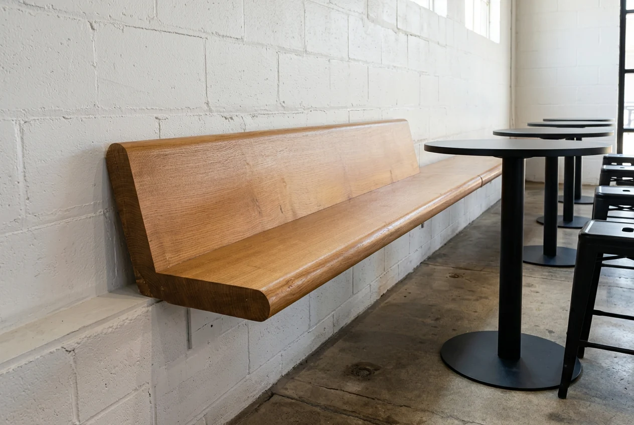 Floating solid white oak bench — approximately 3 inches thick, slab seat with matching solid oak backrest, cantilevered off the wall with no visible supports and a routed book-edge detail on the exposed end. East Room, Toronto