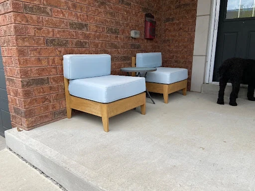 Modular oak outdoor sectional with cushions