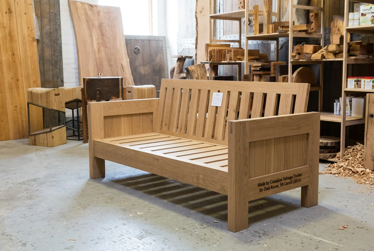 Solid white oak patio loveseat with slatted seat. East Room, Toronto