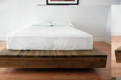 Floating platform bed frame, built from reclaimed Queen's Wharf elm — the rich variegated coloring comes from decades of mineral staining while buried underground in Toronto's original harbor cribbing.