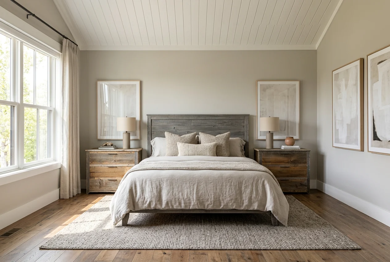 Matching pair of three-drawer nightstands clad in weathered gray pine exterior barn board, wire-brushed and finished on all sides including the back