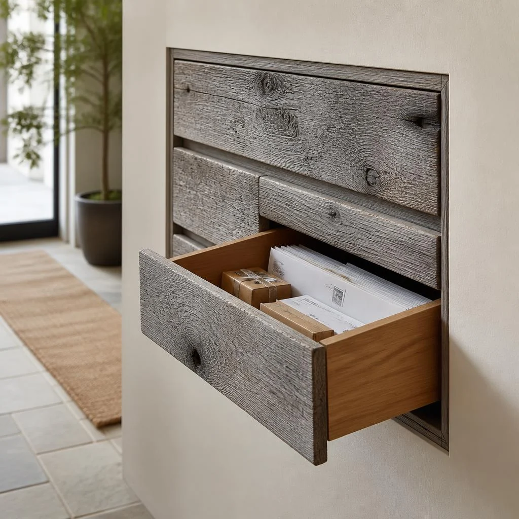 Concept of a recessed wall drawer pulled open, clad in weathered gray barn board