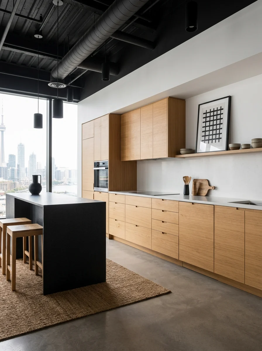 Concept of a bright custom kitchen with full-height cabinetry and stone counters