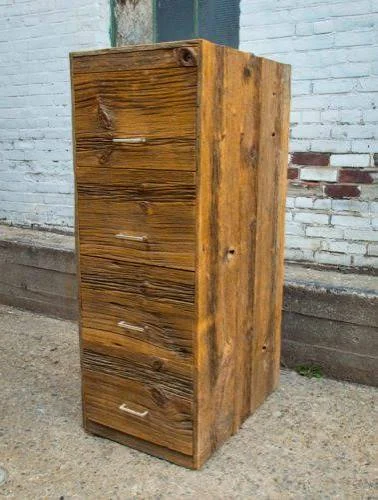 Filing cabinet clad in wire-brushed barn board