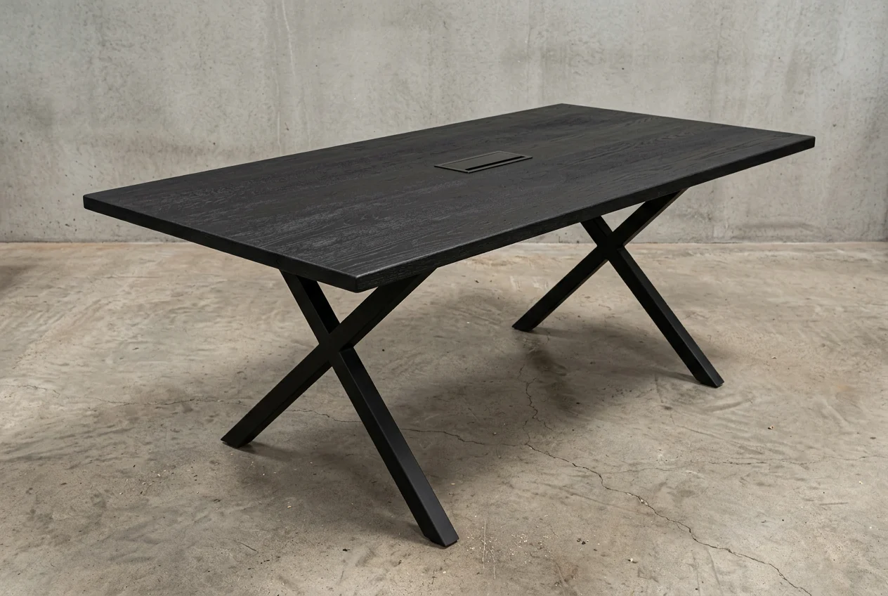 Black-finished oak table with X-steel legs — built for lululemon athletica, Yorkdale Mall, Toronto, 2016. Commissioned by Diana Stevenson-Moore, store designer.