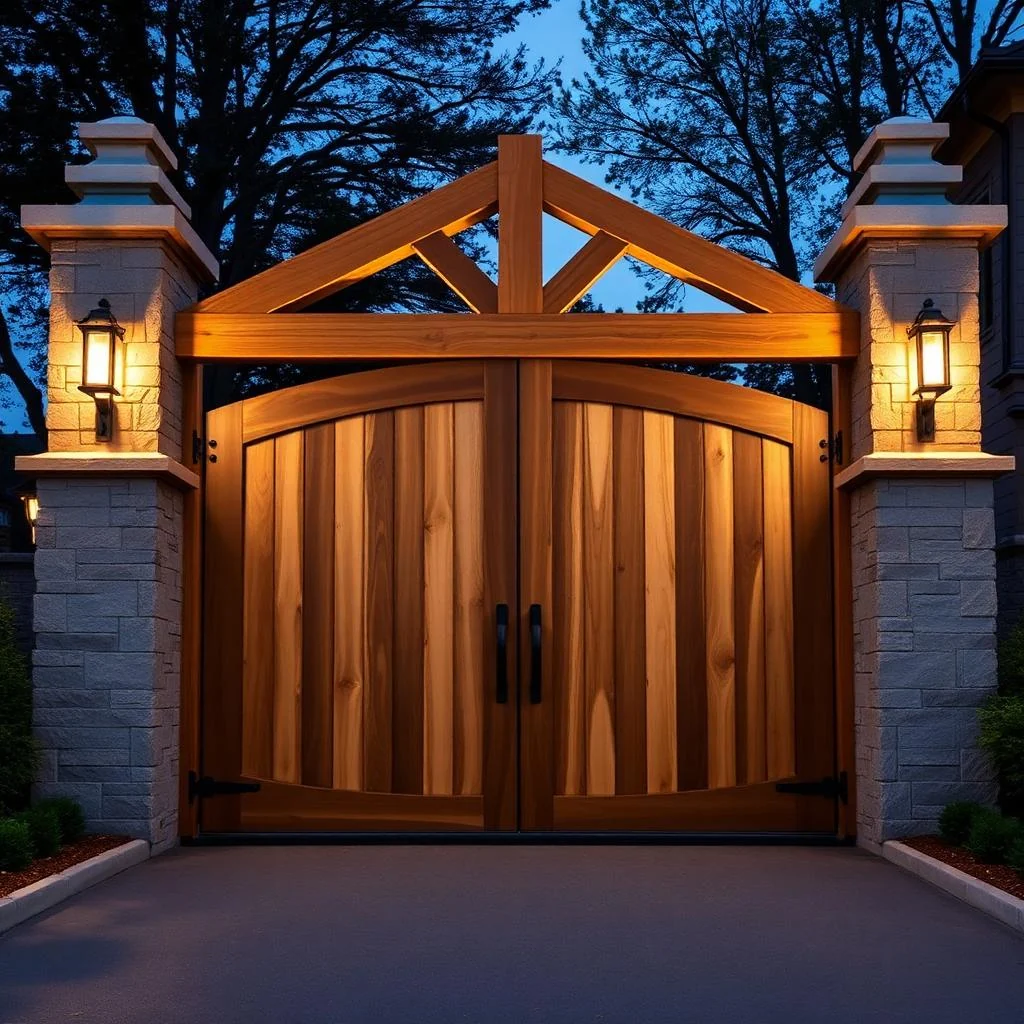 AI concept of a classic cedar double driveway gate with arched tops and stone pillars