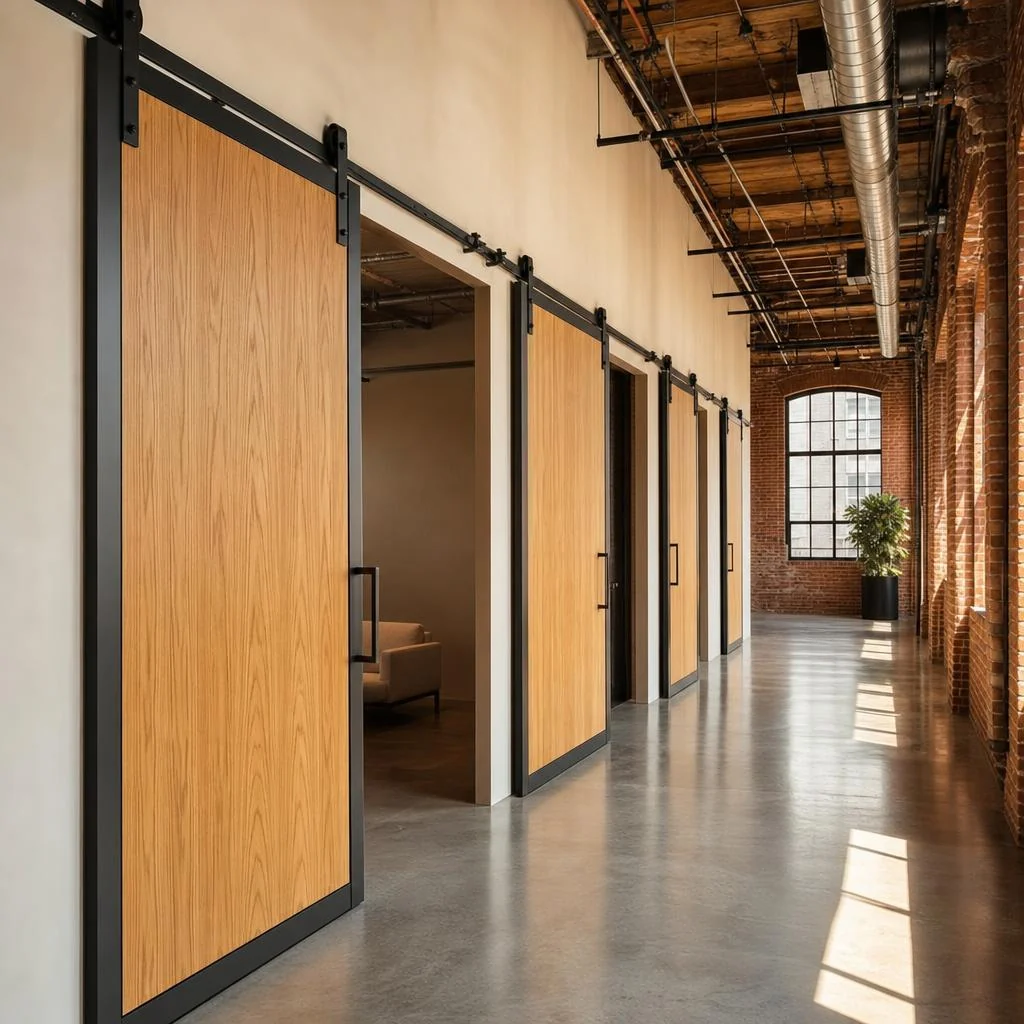 Vertical-grain white oak barn door face panels aligned across openings