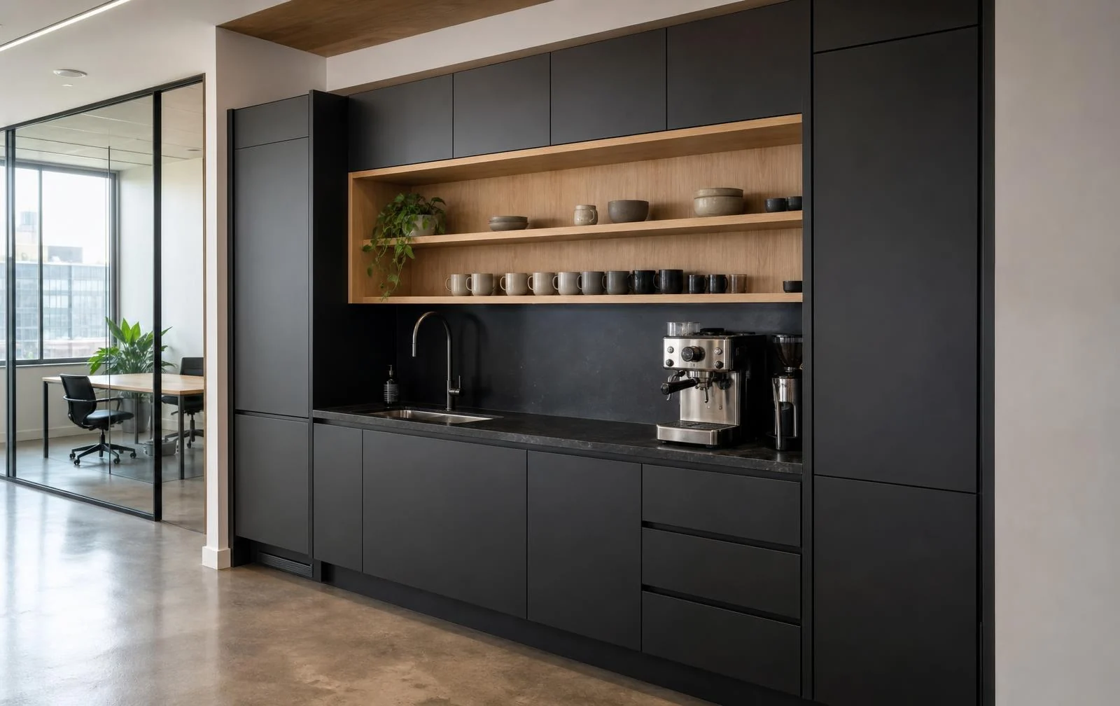 Built-in kitchenette and coffee bar with matte black flush cabinetry, black stone counter and stainless appliances