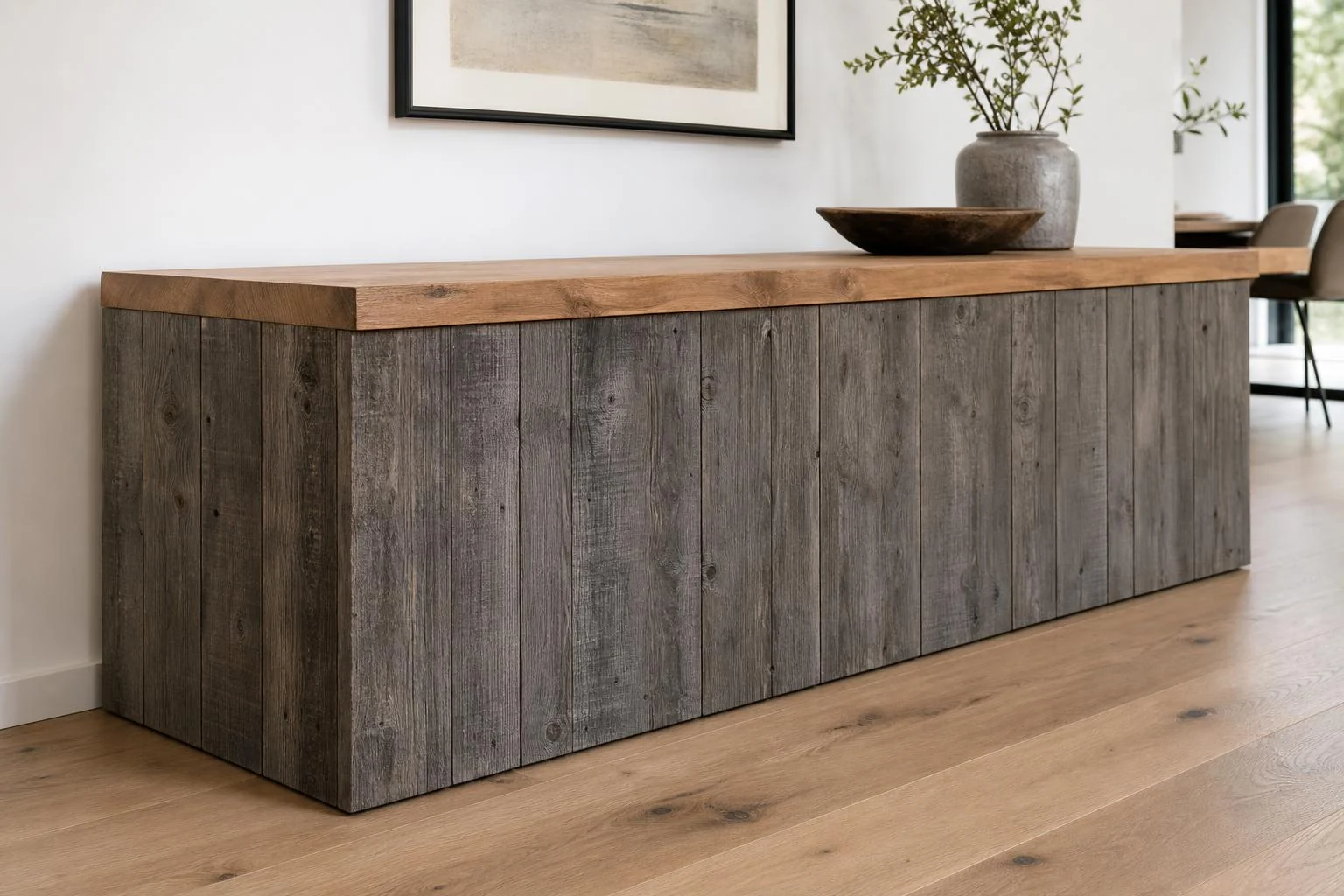 Gray oak credenza, finished on all sides — weathered board body, warm wood top