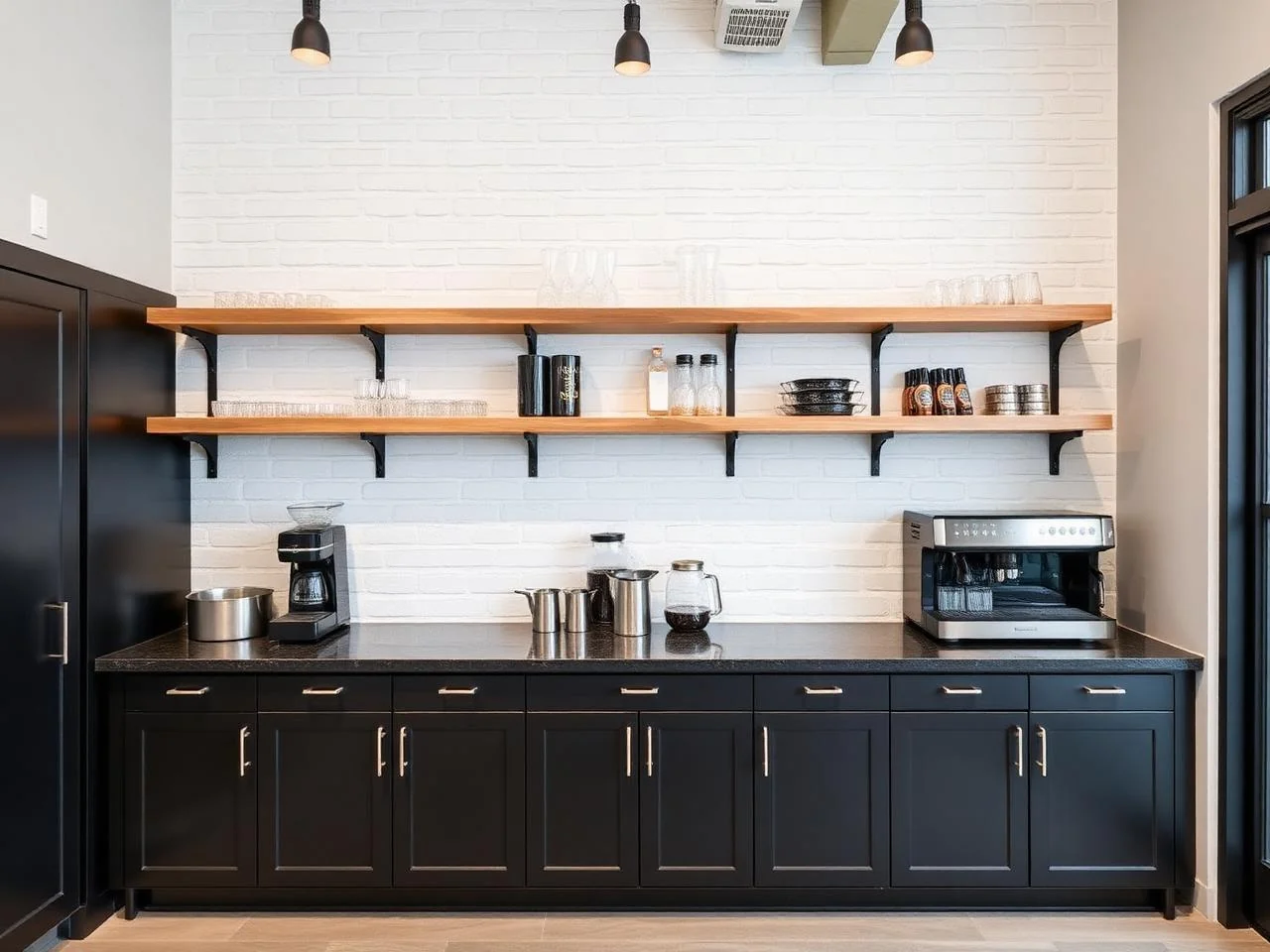 Hospitality kitchen open shelving run in solid wood