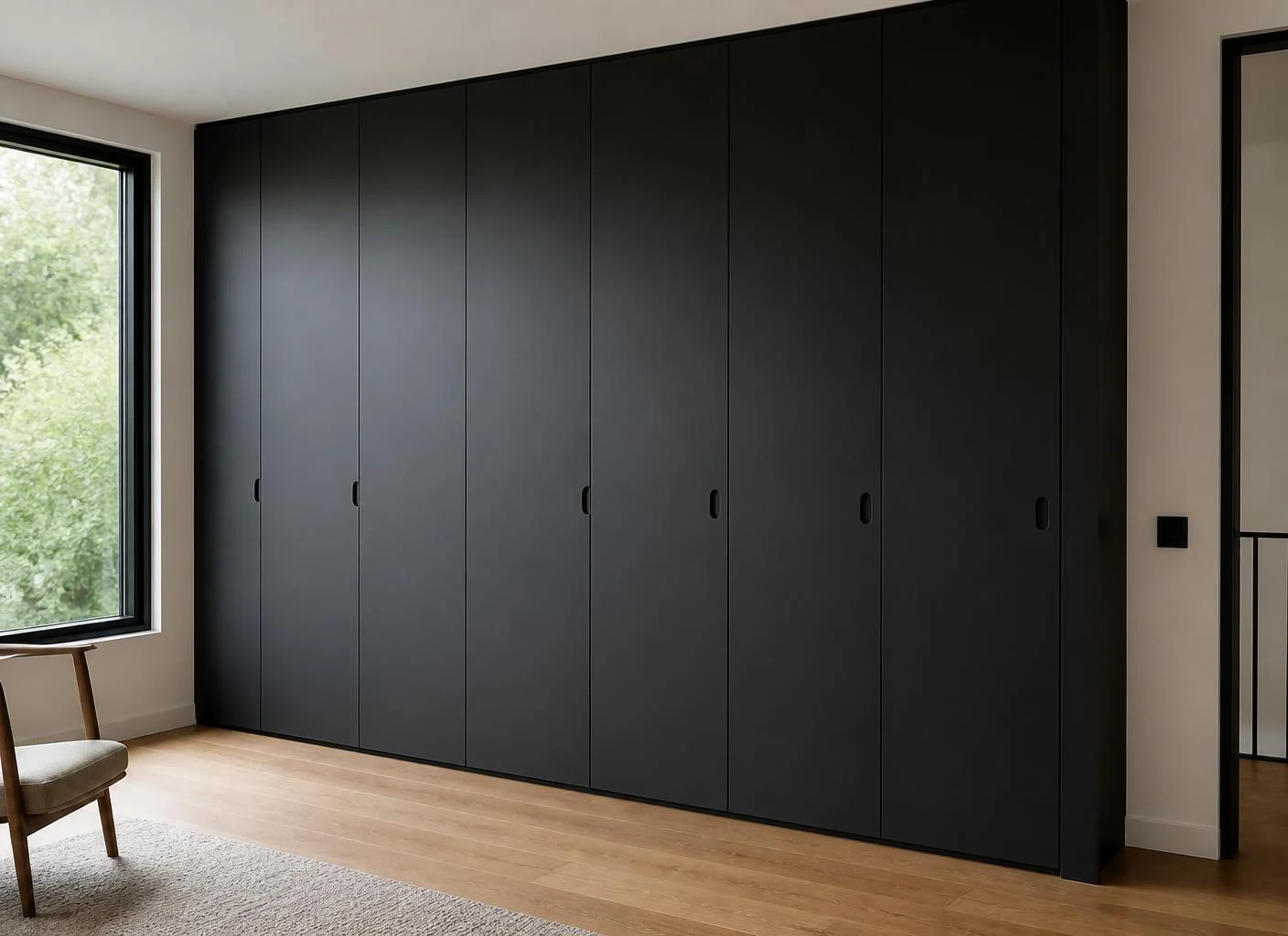 AI concept of floor-to-ceiling matte black flush locker cabinetry with recessed oval finger-pulls